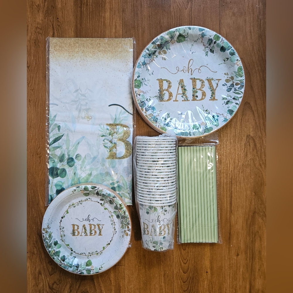 Gold and Green Baby Shower Party Supplies Set